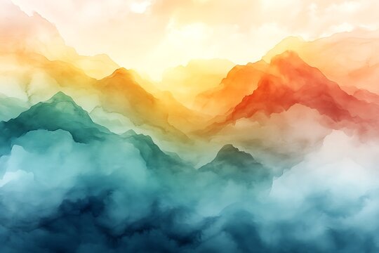 Layers of watercolor mountains fade into misty valleys under a gradient sky of warm colors