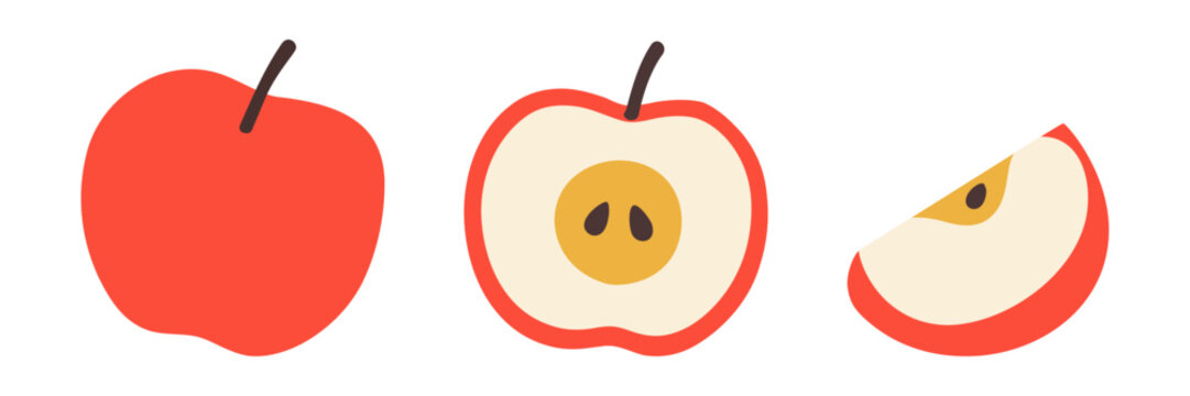 Red apple cartoon clipart fruit whole cut half and sliced cute doodle flat vector set on transparent background for symbol art
