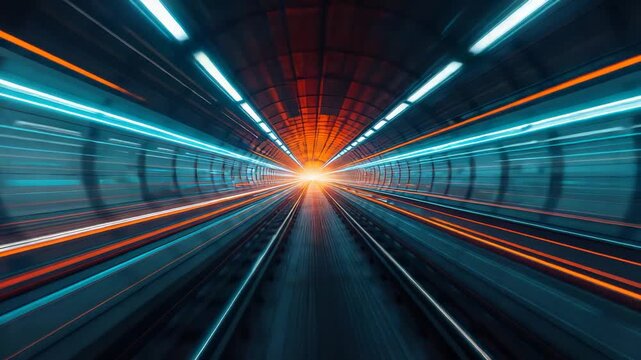 High speed motion blur through dark tunnel with vibrant blue orange red light streaks converging to bright vanishing point at end