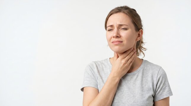 Young woman feeling sick and touching her sore throat against a white background