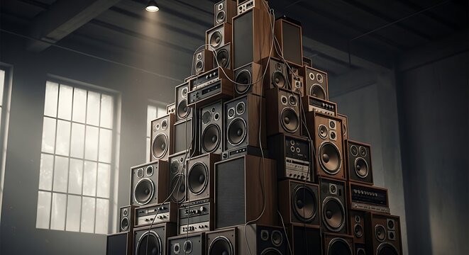 Stack of vintage stereo speakers in a dimly lit room