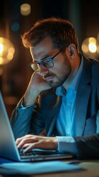Man with glasses focuses on laptop at night. He rests hand on chin, eyes fixed on screen. Soft lights glow behind him, creating depth. Professional attire suggests serious work