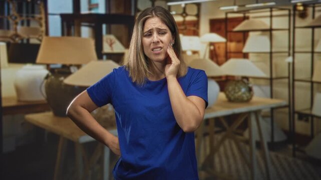 Young blonde woman with hand on cheek and pained expression standing by table lamps and lamp shades inside a building showroom; toothache discomfort.
