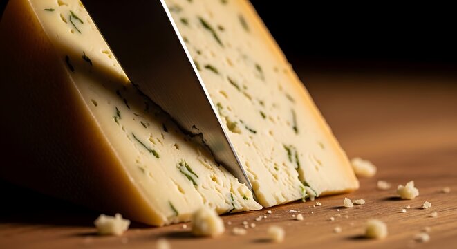 Close up of blue cheese wedge with crumbs rich texture and flavor