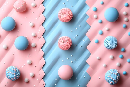 Overhead view of a charming flat lay composition with pink and blue spheres and spiral candies