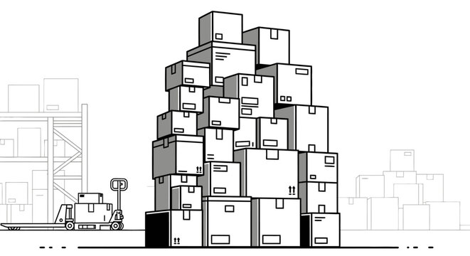 Minimalist warehouse illustration with stacked cardboard boxes and pallet jack