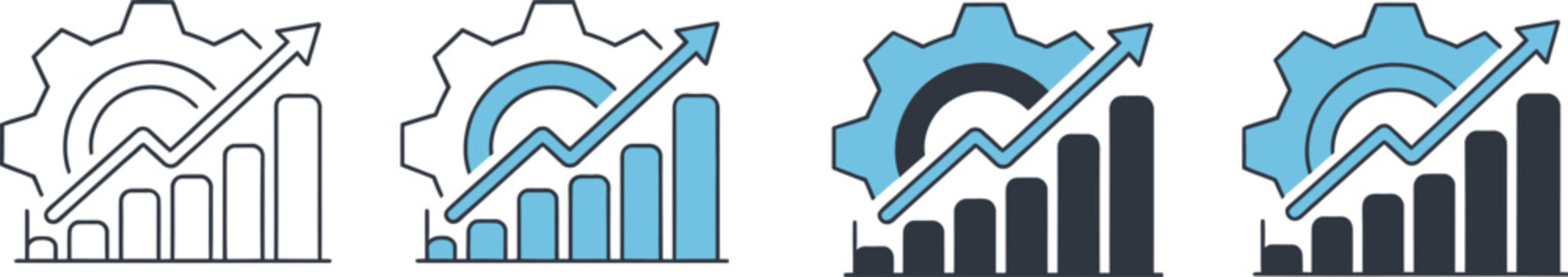Improvement icon set, multiple style collection, growth and enhancement symbols, progress and development indicators, modern flat, line, outline, and glyph vector illustration for apps, business 