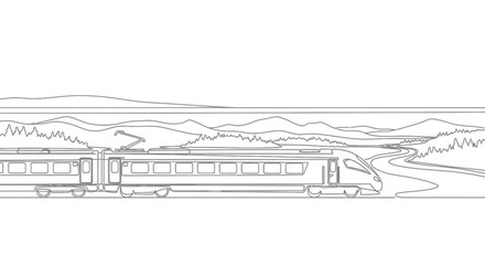 Fototapeta premium Modern train travels through scenic landscape illustration