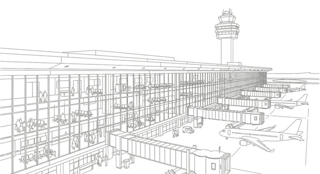 Modern airport terminal architectural sketch with airplanes and control tower