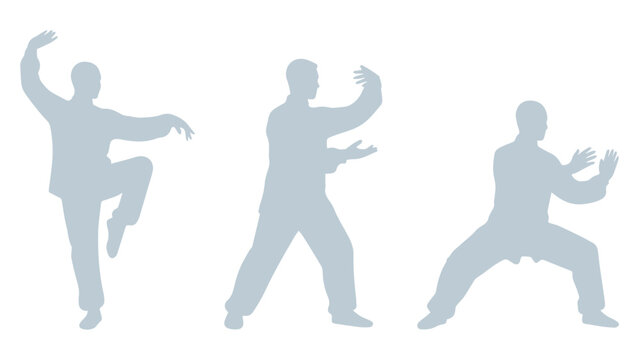 Three silhouettes of people practicing tai chi in various poses with kung fu martial arts silhouette