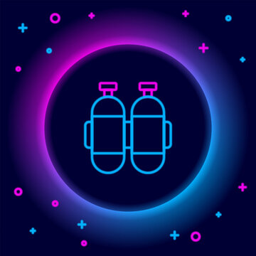 Glowing neon line Aqualung icon isolated on black background. Oxygen tank for diver. Diving equipment. Extreme sport. Diving underwater equipment. Colorful outline concept. Vector