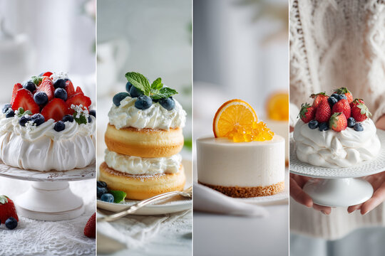 Vertical collage of delicious desserts with strawberry pavlova pancakes and orange mousse