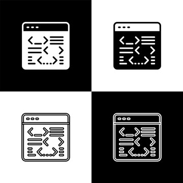 Set Software, web developer programming code icon isolated on black and white background. Javascript computer script random parts of program code. Vector
