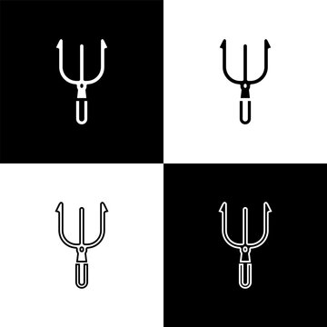 Set Neptune Trident icon isolated on black and white background. Vector