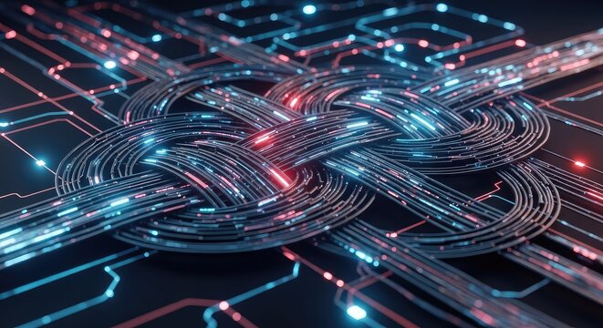 Digital tapestry of interwoven data pathways and glowing nodes representing systemic structure and complex interaction dynamics, enterprise, technology, abstract