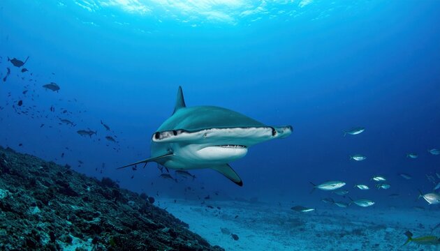 A majestic hammerhead shark cruises through clear blue ocean waters near a rocky reef, showcasing its unique head shape.