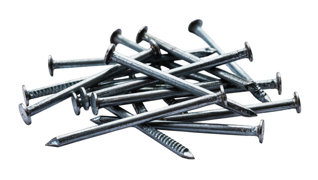 Pile of metal nails with pointed tips and flat heads, isolated on transparent background