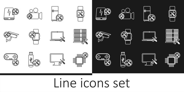 Set line Processor service, Database server, Refrigerator, Smartwatch, Security camera, Power bank, Laptop and Video icon. Vector