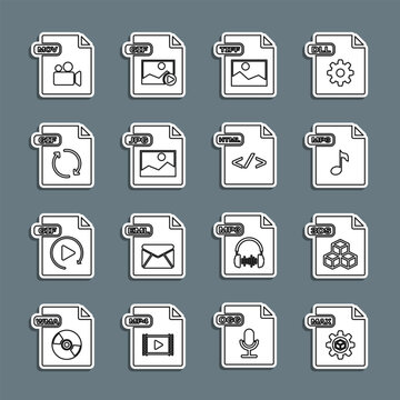 Set line MAX file document, 3DS, MP3, TIFF, JPG, GIF, MOV and HTML icon. Vector