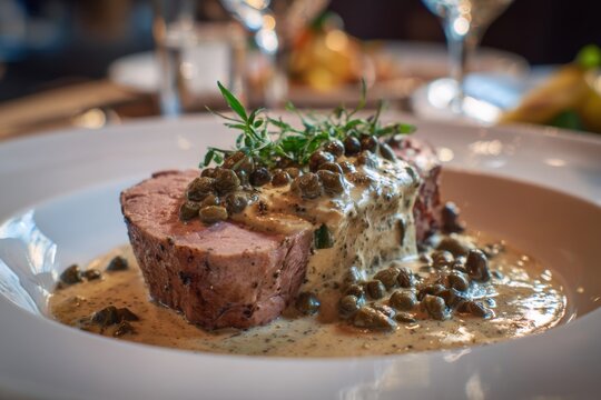 Pork tenderloin with caper cream sauce and herbs