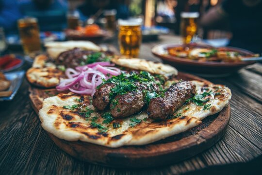 Kebab kofta meat with naan bread and beer