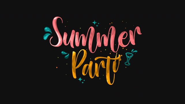 Text animation reading summer party colorful displayed, ideal for event invitations, flyers, and social media posts for summer celebrations.
