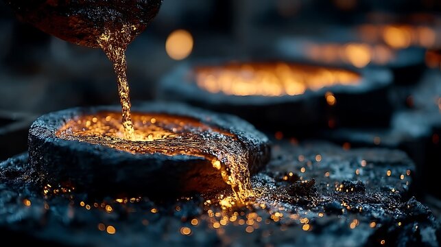 Glowing molten steel pouring into sand mold pictures