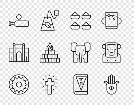 Set line Chakra, Hamsa hand, Indian spice, Christian cross, Wood cricket bat ball, Yagna, constitution day and Monkey icon. Vector