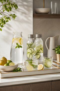 Fresh citrus infused water with lemon, cucumber and herbs in glass bottles