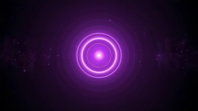 Glowing purple concentric rings bright central energy circle vortex forming luminous portal in dark cosmic space with scattered particles