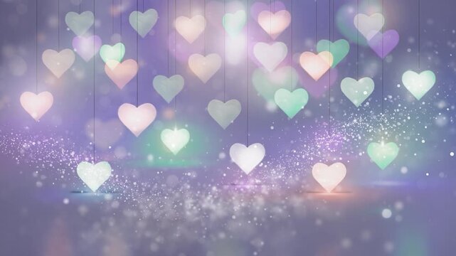 Pastel colored hearts hanging with magical glitter bokeh, dreamy motion background, loop　吊るされたパステルカラーのハートと魔法のような光の粒子、夢のようなモーション背景、ループ