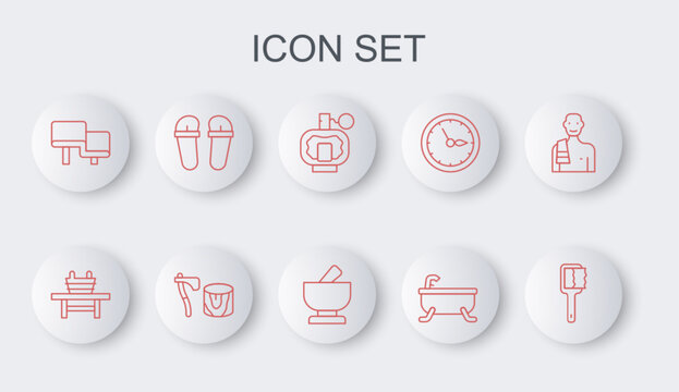 Set line Sauna brush, bench with bucket, Aftershave, Bathtub, wood, Flip flops, Wooden axe in stump and Mortar and pestle icon. Vector