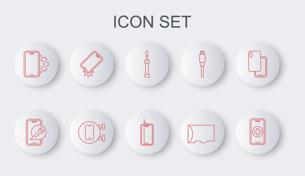 Set line Phone repair service, Mobile, Screwdriver, Micro SD memory card, Shockproof phone, and Glass screen protector icon. Vector