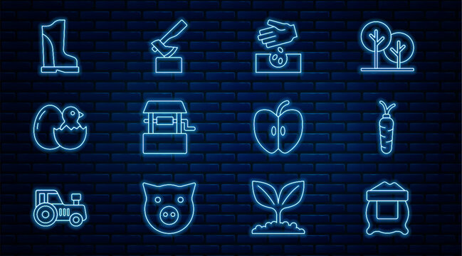 Set line Bag of flour, Carrot, Seeds, Well, Little chick in cracked egg, Waterproof rubber boot, Apple and Wooden axe icon. Vector