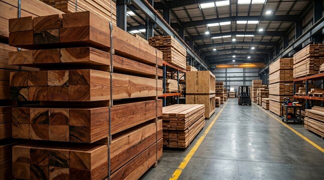 Large lumber warehouse with stacked wooden beams and planks