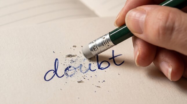 Hand erasing word doubt with pencil eraser on paper