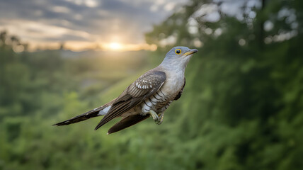 Fototapeta premium A bright forest cuckoo bird in flight during sunset
