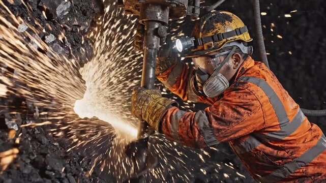 Coal Miner In Orange High Visibility Workwear Drilling Into A Dark Rock Face With Bright Sparks In An Underground Mine