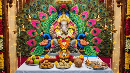 Obraz premium Modern Home altar dedicated to God Ganesha with decorations, flowers, traditional offerings, creating a festive atmosphere for Ganesh Chaturthi celebrations. Indian culture, hindu ritual and customs