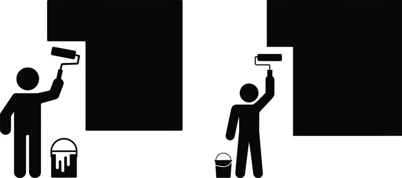 Two people painting walls with roller and paint bucket