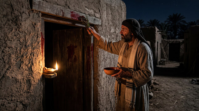 A biblical man using a bunch of hyssop to painting blood of passover lamb on door post.	
