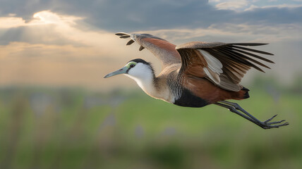 Fototapeta premium A jacana bird in flight with wings spread wide in a natural outdoor setting