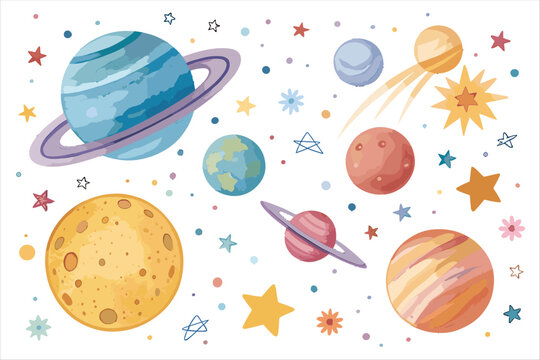 watercolor illustration  planet background vector collection seamless, vector, decoration, art, flower, fruit, leaf, summer, colorful, circle, cartoon, floral