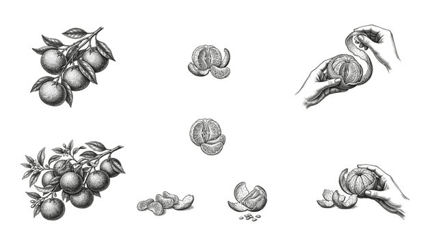 Vintage engraved tangerines on branches with peeled segments and hands holding fruit, transparent vector illustration.