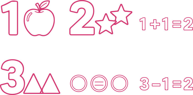 Creative educational illustration showing basic math concepts with visual symbols and transparent background