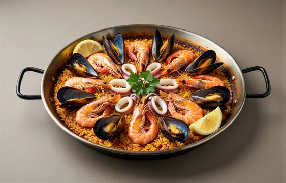 Paella de Marisco, large pot filled with seafood, shrimp, mussels, squid, topped with lemon wedges and parsley. Concept of rice with shrimp mussels squid saffron dish served.