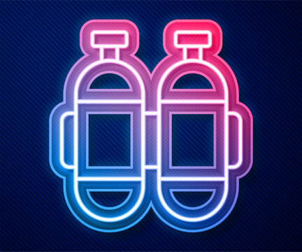 Glowing neon line Aqualung icon isolated on blue background. Oxygen tank for diver. Diving equipment. Extreme sport. Diving underwater equipment. Vector