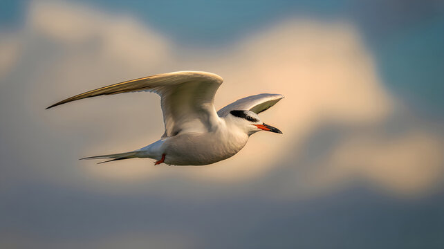A tern flying in the air with a cloudy sky background
