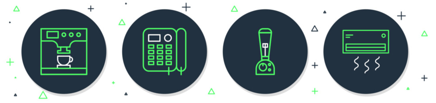 Set line Telephone, Blender, Coffee machine and cup and Air conditioner icon. Vector