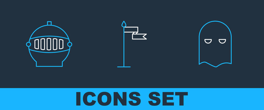 Set line Executioner mask, Medieval iron helmet and flag icon. Vector